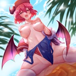Rule 34 | absurdres, blush, box galaxy, breasts, cowgirl position, demon girl, guardian tales, hat, heart, heart-shaped pupils, hetero, highres, horns, jacket, leotard, lifeguard yuze, medium breasts, medium hair, no bra, open clothes, open jacket, open mouth, outdoors, pink eyes, red hair, red wings, solo focus, straddling, sweat, symbol-shaped pupils, water, wings