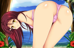 Rule 34 | 1girl, ass, bare shoulders, bent over, bikini, blush, breasts, embarrassed, from behind, hair ornament, hairclip, highres, long hair, looking at viewer, looking back, love live!, love live! sunshine!!, medium breasts, ocean, red hair, sakurauchi riko, shiguko, shiny skin, sideboob, smile, solo, swimsuit, tree, yellow eyes