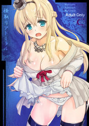 Rule 34 | 1girl, asaga aoi, blonde hair, blue eyes, braid, breasts, cleavage, clothes lift, crown, dress, dress lift, flower, french braid, hairband, jewelry, kantai collection, large breasts, lifting own clothes, long hair, long sleeves, mini crown, necklace, off-shoulder dress, off shoulder, panties, red flower, red ribbon, red rose, ribbon, rose, solo, thighhighs, underwear, warspite (kancolle), white dress, white panties, white thighhighs
