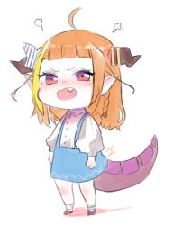 Rule 34 | aged down, ahoge, alternate costume, alternate hairstyle, angry, blonde hair, blouse, blue skirt, blunt bangs, blush, bow, braid, child, commentary request, diagonal-striped bow, dragon girl, dragon horns, dragon tail, fang, full body, hololive, horn bow, horn ornament, horns, isuka, kiryu coco, looking at viewer, medium hair, multicolored eyes, multicolored hair, open mouth, orange hair, pointy ears, puff of air, purple eyes, red eyes, scales, shirt, sidelocks, signature, simple background, single braid, skirt, solo, standing, streaked hair, striped, striped bow, suspender skirt, suspenders, tail, virtual youtuber, white background, white shirt, wing collar