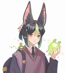 Rule 34 | 1boy, alternate costume, alternate hairstyle, animal ear fluff, animal ears, aranara (genshin impact), artist name, backpack, bag, black bag, black hair, black necktie, blush, bright pupils, brown sweater vest, closed mouth, collared shirt, commentary, earrings, fox ears, genshin impact, green eyes, green hair, hair between eyes, hand up, heart, highres, holding, jewelry, long sleeves, looking at viewer, male focus, miyumorii, multicolored hair, necktie, notice lines, ponytail, seelie (genshin impact), shirt, short ponytail, sidelocks, single earring, smile, solo, sparkle, streaked hair, sweater vest, tighnari (genshin impact), upper body, vest, vision (genshin impact), white background, white pupils, white shirt, wing collar