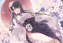 Rule 34 | 1girl, blurry, blurry background, blurry foreground, blush, braid, breasts, cherry blossoms, falling petals, flower, fox mask, groin, hair between eyes, hair flower, hair ornament, holding, holding umbrella, japanese clothes, kimono, large breasts, long hair, long sleeves, looking at viewer, mask, oil-paper umbrella, open mouth, original, outdoors, pelvic curtain, petals, pink eyes, red umbrella, smile, solo, spring (season), tassel, tomoo (tomo), umbrella, very long hair