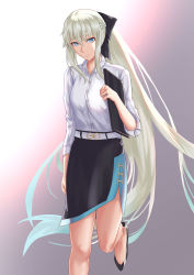Rule 34 | 1girl, absurdres, black skirt, blue eyes, fate/grand order, fate (series), formal, freed turing, highres, long hair, morgan le fay (chaldea satellite station) (fate), morgan le fay (fate), pencil skirt, shirt, simple background, skirt, very long hair, white hair, white shirt