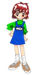 Rule 34 | 1girl, brown footwear, brown hair, child, clothes writing, dress, facing viewer, full body, green shirt, hand on own hip, hip focus, jaggy lines, looking at viewer, loose socks, msx, msx-tan, open mouth, os-tan, overall skirt, personification, pinafore dress, red eyes, red hair, shirt, shoes, short hair, simple background, sleeveless, sleeveless dress, smile, sneakers, socks, solo, standing, white background, white socks