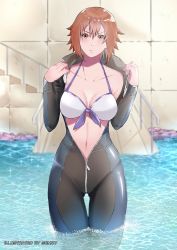 Rule 34 | 10s, 1girl, :t, bikini, bodysuit, breasts, brown eyes, brown hair, cleavage, cowboy shot, diving suit, genm7, grand blue, kotegawa chisa, large breasts, looking at viewer, navel, partially submerged, short hair, solo, swimsuit, thigh gap, wading, wetsuit