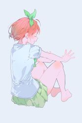 Rule 34 | 1girl, bare legs, barefoot, blush, closed eyes, commentary, eyelashes, floating hair, from side, full body, go-toubun no hanayome, green ribbon, green skirt, hair ribbon, highres, hot, knees apart feet together, knees up, light blue background, miniskirt, nakano yotsuba, open hands, open mouth, outstretched arms, pleated skirt, profile, ribbon, school uniform, shirt, short hair, sitting, skirt, sleeves rolled up, solo, valentine (02140314c), white shirt