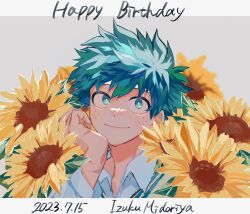 Rule 34 | 1boy, blue shirt, boku no hero academia, bright pupils, character name, closed mouth, collared shirt, commentary request, dated, flower, freckles, green eyes, green hair, grey background, hair between eyes, hand up, happy birthday, highres, letterboxed, long sleeves, looking at viewer, male focus, midoriya izuku, mizore (mizoredama 0377), shirt, short hair, simple background, smile, solo, sunflower, upper body, white pupils, wing collar, yellow flower