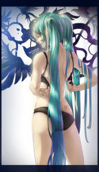 Rule 34 | 1girl, absurdres, adjusting bra, adjusting clothes, aqua hair, artist name, ass tattoo, bing gang, black bra, black panties, bra, character name, closed mouth, dated, closed eyes, from behind, hatsune miku, highres, jacket, letterman jacket, long hair, panties, solo, tattoo, twintails, underwear, underwear only, very long hair, vocaloid