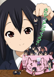 Rule 34 | &gt; &lt;, 1girl, bad id, bad pixiv id, black hair, blush, brown eyes, cardigan, casual one-piece swimsuit, cat, chibi, closed eyes, cup, hair bobbles, hair ornament, in container, in cup, k-on!, k-on! movie, listen!!, long hair, mini person, minigirl, multiple persona, nakano azusa, official style, one-piece swimsuit, ragho no erika, smile, solo, swimsuit, tan, twintails
