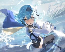 Rule 34 | 1girl, black thighhighs, blue hair, cape, daniel deng, eula (genshin impact), genshin impact, glaring, gloves, glowing, hairband, high heels, highres, holding, holding sword, holding weapon, leotard, long sleeves, open mouth, scenery, snow, solo, sword, thighhighs, vambraces, weapon, wide sleeves, yellow eyes