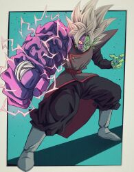 1boy blue_background border bure_(fantasticyouth7) colored_skin dragon_ball dragon_ball_super earrings electricity fused_zamasu green_skin grey_border highres jewelry male_focus medium_hair multicolored_skin potara_earrings purple_skin simple_background solo spiked_hair two-tone_skin white_hair