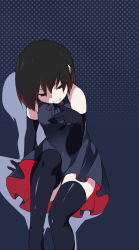Rule 34 | 1girl, absurdres, bare shoulders, black dress, black eyes, black gloves, black hair, black thighhighs, blue background, closed mouth, dress, elbow gloves, feet out of frame, gloves, half-closed eyes, hammer (sunset beach), highres, looking at viewer, monogatari (series), neck ribbon, oshino ougi, polka dot, polka dot background, ribbon, short hair, sitting, smile, solo, thighhighs, turtleneck, turtleneck dress, two-sided fabric, two-sided skirt