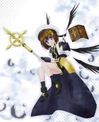 Rule 34 | 1girl, :d, armor, blue eyes, blush, book, brown hair, feathers, fingerless gloves, gloves, hachikei, hair ornament, hair ribbon, hat, lyrical nanoha, mahou shoujo lyrical nanoha, mahou shoujo lyrical nanoha a&#039;s, open mouth, puffy sleeves, ribbon, schwertkreuz, skirt, smile, solo, tome of the night sky, wings, x hair ornament, yagami hayate