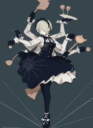 Rule 34 | 1girl, arms up, black dress, black footwear, black gloves, black pantyhose, closed mouth, commentary, crossed legs, cup, danganronpa (series), danganronpa v3: killing harmony, dress, extra arms, facing viewer, fingerless gloves, full body, gloves, hair ornament, hair over one eye, hands up, highres, holding, holding cup, holding pot, holding tray, long sleeves, maid headdress, necktie, pantyhose, pinafore dress, pot, qosic, shirt, shoes, short hair, simple background, sleeveless dress, solo, tojo kirumi, tray, watson cross, white shirt