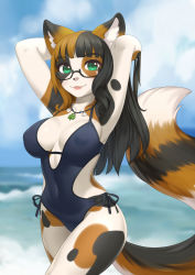 Rule 34 | 1girl, :3, animal ears, animal nose, arms behind head, beach, black-framed eyewear, black hair, blunt bangs, breasts, brown hair, cleavage, commission, covered erect nipples, cristalavi, day, furry, furry female, green eyes, highres, jewelry, large breasts, long hair, looking at viewer, melody (mellybyte), multicolored hair, necklace, ocean, one-piece swimsuit, original, seashell, semi-rimless eyewear, shell, side-tie swimsuit, solo, split-color hair, swimsuit, tail, two-tone hair, under-rim eyewear