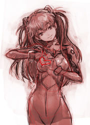 Rule 34 | 1girl, ^^^, bodysuit, boyaking, bracer, closed mouth, cowboy shot, curvy, gloves, head tilt, headgear, heart, heart hands, hip focus, light smile, long hair, looking at viewer, monochrome, neon genesis evangelion, orange hair, pilot suit, plugsuit, red theme, shiny clothes, simple background, sketch, smile, solo, souryuu asuka langley, standing, turtleneck, two side up, wide hips