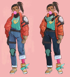 Rule 34 | 1girl, adapted costume, animification, apex legends, belt, black belt, black sweater, blue pants, blue shirt, brown eyes, brown gloves, brown hair, chest harness, chewing gum, clenched hand, dark-skinned female, dark skin, denim, eyebrow cut, facial mark, forehead mark, full body, gloves, hand in pocket, harness, highres, jacket, jeans, orange footwear, orange jacket, pants, pants rolled up, pink background, rampart (apex legends), shirt, shirt tucked in, shoes, side ponytail, sketch, sneakers, sweater, thigh strap, thundergotch, variations