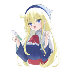 Rule 34 | 1girl, blonde hair, blue eyes, blue headwear, blue robe, blush, capelet, cowlick, cropped torso, holding, holding test tube, index finger raised, kashima miyako, long hair, looking at viewer, neckerchief, open mouth, puyopuyo, red neckerchief, robe, simple background, solo, test tube, very long hair, white background, white capelet, witch (puyopuyo)