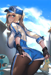 Rule 34 | 1girl, adjusting clothes, aqua eyes, ass, baseball cap, black gloves, black pantyhose, blonde hair, blue shorts, breasts, charmander, cloud, creatures (company), cropped jacket, dappled sunlight, day, female protagonist (pokemon go), fingerless gloves, fingernails, flame-tipped tail, from behind, game freak, gen 1 pokemon, gloves, guratan, hat, jacket, large breasts, leaning forward, leggings, looking at viewer, looking back, nintendo, open mouth, outdoors, pantyhose, pokemon, pokemon (creature), pokemon go, ponytail, shadow, shorts, shorts tug, sidelocks, skin tight, sky, sleeves rolled up, squirtle, sunlight, white jacket, zipper