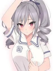 Rule 34 | 1girl, absurdres, argule0901, arm above head, blush, breasts, button gap, buttons, cleavage, clothes pull, collarbone, dress shirt, drill hair, eyes visible through hair, hair between eyes, hair ribbon, highres, idolmaster, idolmaster cinderella girls, kanzaki ranko, large breasts, looking at viewer, open mouth, paizuri invitation, partially unbuttoned, red eyes, ribbon, school uniform, shirt, shirt pull, short sleeves, sidelocks, silver hair, simple background, solo, tsurime, twin drills, twintails, upper body