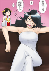 Rule 34 | 10s, 2girls, armpits, bare shoulders, black hair, breasts, detached sleeves, female admiral (kancolle), female focus, glasses, hair over one eye, hairband, japanese clothes, kantai collection, kirishima (kancolle), crossed legs, long hair, miko, mole, multiple girls, open mouth, original, pants, short hair, sitting, skirt, strapless, translation request, wata do chinkuru