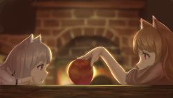 Rule 34 | 2girls, animal ears, apple, backlighting, brown hair, fireplace, food, fruit, highres, holo, indoors, long hair, looking at another, mother and daughter, multiple girls, myuri (spice and wolf), red eyes, revision, shinsetsu spice and wolf, short hair, silver hair, spice and wolf, table, wolf ears, youzi (small shabao)
