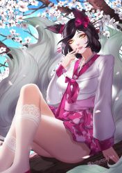 Rule 34 | 1girl, ahri (league of legends), animal ears, arm support, black hair, bow, breasts, citemer, crossed legs, day, dynasty ahri, eyeshadow, facial mark, floral print, flower, folded hair, fox ears, fox tail, from side, hair ornament, hair stick, hanbok, highres, in tree, kneehighs, korean clothes, lace, lace-trimmed legwear, lace trim, large breasts, league of legends, lips, liuruoyu8888, long hair, long sleeves, looking at viewer, makeup, multiple tails, nail polish, official alternate costume, outdoors, parted lips, pink nails, ribbon, shoes, signature, sitting, sitting in tree, sky, smile, socks, solo, tail, thighs, tree, whisker markings, white socks, yellow eyes