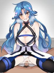 Rule 34 | 1boy, 1girl, :o, argule0901, bad id, bad pixiv id, bar censor, black thighhighs, blue hair, breasts, censored, character request, cleavage, clothed female nude male, clothed sex, clothing aside, cowgirl position, criss-cross halter, cum, cum in pussy, girl on top, grey background, halterneck, head tilt, heart, hetero, highres, huge breasts, long hair, looking at viewer, mahou tsukai to kuroneko no wiz, nude, o-ring, open mouth, cum overflow, panties, panties aside, parted bangs, penis, pussy, sex, simple background, spread legs, straddling, thighhighs, underwear, vaginal, white panties, yellow eyes