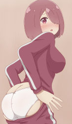 Rule 34 | 1girl, absurdres, ass, blush, breasts, clothes pull, embarrassed, from behind, hair over one eye, highres, hoshino miyako (wataten), large breasts, long sleeves, looking at viewer, looking back, open mouth, panties, pants, pants pull, pink eyes, pink hair, poa mellhen, red pants, red shirt, shirt, short hair, simple background, solo, standing, track suit, underwear, watashi ni tenshi ga maiorita!, white panties