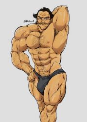 Rule 34 | 1boy, abs, arm hair, armpit hair, armpits, bara, black male underwear, bodybuilder, briefs, bulge, chest hair, feet out of frame, final fantasy vii, final fantasy vii rebirth, final fantasy vii remake, flexing, hairy, highres, large pectorals, leg hair, long mustache, looking at viewer, male focus, male underwear, muscular, muscular male, mustache, navel, navel hair, nipples, pectorals, presenting armpit, ron (d ron r), seductive smile, short hair, smile, solo, stomach, thick eyebrows, thick thighs, thighs, topless male, underwear, v-taper, wrinkled skin