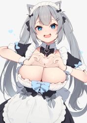 Rule 34 | 1girl, :d, absurdres, animal ears, apron, black bow, black bowtie, blue eyes, bow, bowtie, breasts, cat ears, cat girl, cleavage, fang, grey background, grey hair, heart, heart hands, highres, hinata (user rjkt4745), large breasts, long hair, looking at viewer, maid, maid apron, maid headdress, open mouth, original, short sleeves, simple background, skin fang, smile, twintails, white apron