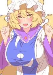 Rule 34 | 1girl, :d, animal ears, animal hat, blonde hair, blush, breasts, cowboy shot, dress, flat color, fox ears, fox tail, hands up, hat, huge breasts, leaning forward, looking at viewer, mob cap, multiple tails, open mouth, mob cap, short hair, simple background, slit pupils, smile, solo, tabard, tail, touhou, white background, white dress, wildcat (kusonemi), yakumo ran, yellow eyes