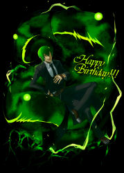 Rule 34 | 1boy, ;p, arc system works, belt, blazblue, collair (cono), fingerless gloves, formal, gloves, glowing, glowing eyes, green eyes, green hair, happy birthday, hazama, highres, crossed legs, male focus, matching hair/eyes, multiple belts, necktie, no headwear, no headwear, one eye closed, ouroboros, short hair, sitting, solo, suit, tongue, tongue out, wink, yellow eyes