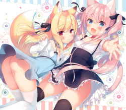 Rule 34 | 1girl, :d, animal ears, ass, black thighhighs, blonde hair, blue eyes, blush, cat ears, cat tail, commentary request, dress, fox ears, fox tail, frills, long hair, looking at viewer, no panties, open mouth, original, outstretched arm, pink hair, red eyes, sazaki ichiri, smile, solo, tail, thighhighs, two side up, white thighhighs