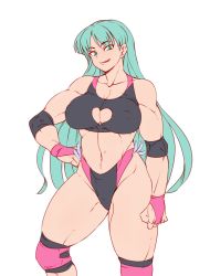 Rule 34 | 1girl, adapted costume, breasts, bridal gauntlets, cleavage cutout, clothing cutout, covered erect nipples, demon, demon girl, elbow pads, fingerless gloves, gloves, green eyes, green hair, hand on own hip, hanzo (2929), heart cutout, highleg, highleg panties, highres, knee pads, large breasts, long hair, monster girl, morrigan aensland, muscular, muscular female, panties, revealing clothes, solo, sports bra, thick thighs, thighs, underwear, vampire (game), wrestling outfit