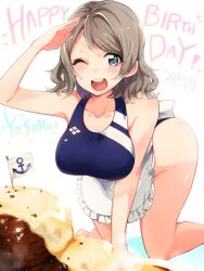Rule 34 | 1girl, apron, blue eyes, blush, breasts, brown hair, competition swimsuit, indo curry, large breasts, looking at viewer, love live!, love live! sunshine!!, one-piece swimsuit, salute, short hair, smile, solo, swimsuit, thighs, watanabe you, wavy hair