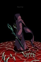 Rule 34 | 1other, black background, blood, blood on clothes, bone, cape, copyright name, from side, highres, holding, holding staff, hood, hood up, hooded cape, noita, noita (character), okajamira, purple cape, purple robe, robe, sash, solo, staff, standing, yellow sash