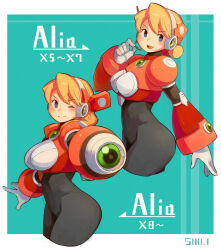 Rule 34 | 1girl, absurdres, alia (mega man), android, arm cannon, blonde hair, blue eyes, blush, bodysuit, breasts, gloves, headgear, highres, large breasts, long hair, looking at viewer, medium breasts, mega man (series), mega man x (series), one eye closed, open mouth, robot ears, sho.t, smile, solo, weapon, white gloves