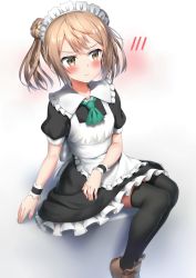 Rule 34 | 1girl, absurdres, alternate costume, apron, ascot, black dress, black thighhighs, blush, brown eyes, brown footwear, closed mouth, commentary request, double bun, dress, enmaided, frilled apron, frilled dress, frills, green ascot, hair bun, highres, kantai collection, light brown hair, loafers, looking away, looking to the side, maid, maid apron, maid headdress, michishio (kancolle), nedia (nedia region), puffy short sleeves, puffy sleeves, shoes, short sleeves, side bun, sitting, solo, thighhighs, twintails, white apron, white background, wrist cuffs