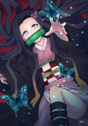 Rule 34 | 1girl, bamboo, black footwear, black hair, bug, butterfly, checkered sash, fingernails, from above, gag, hair ribbon, hair spread out, hanten (clothes), hetchhog tw, highres, bug, japanese clothes, kamado nezuko, kimetsu no yaiba, kimono, knee up, leg lift, light particles, long hair, looking away, looking up, lying, obi, on back, pink hair, reaching, red background, ribbon, sash, sidelocks, simple background, solo, very long hair