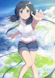 Rule 34 | 1girl, above clouds, absurdres, amano hina (tenki no ko), armpits, black choker, black hair, blue eyes, blue shorts, breasts, choker, cloud, commentary request, day, denim, denim shorts, feet out of frame, flying, highres, hood, hoodie, jewelry, knees together feet apart, legs together, light smile, looking at viewer, low twintails, medium breasts, outdoors, outstretched hand, pendant, pink shirt, reaching, reaching towards viewer, shirt, shorts, sleeveless, sleeveless hoodie, sleeveless shirt, sodas red, solo, tears, tenki no ko, twintails, water drop, white hoodie