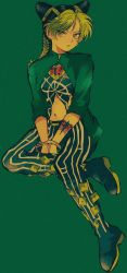 Rule 34 | 1girl, black hair, braid, braided bun, braided ponytail, brooch, bug, butterfly, commentary, cone hair bun, cuffs, double bun, full body, green eyes, green hair, green lips, green theme, hair bun, handcuffs, highres, insect, jacket, jewelry, jojo no kimyou na bouken, kuujou jolyne, lipstick, looking at viewer, makeup, midriff, multicolored hair, navel, pikurusu, ponytail, spider web print, stone ocean, symbol-only commentary, two-tone hair