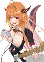 Rule 34 | ahoge, asurada yui, black hairband, black jacket, blonde hair, braid, breasts, brooch, chain necklace, cleavage, cleavage cutout, clothing cutout, collared shirt, cowboy shot, dragon girl, dragon horns, dragon tail, dragon wings, electric guitar, fangs, from above, gem, guitar, hairband, highres, holding, holding instrument, holding microphone, hololive, horns, instrument, jacket, jewelry, kiryu coco, kiryu coco (1st costume), large breasts, long hair, looking at viewer, microphone, miniskirt, multicolored eyes, multicolored hair, necklace, open mouth, orange hair, pointy ears, purple eyes, red eyes, red skirt, scales, shirt, side braid, sidelocks, signature, simple background, single braid, skirt, solo, streaked hair, tail, very long hair, vintage microphone, virtual youtuber, white background, white shirt, wings