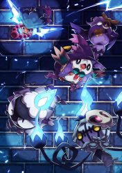 Rule 34 | absurdres, bead necklace, beads, bird, brick wall, chandelure, commentary request, cosplay, creatures (company), drifloon, duskull, fire, fire, flying, game freak, gastly, gen 1 pokemon, gen 3 pokemon, gen 4 pokemon, gen 5 pokemon, gen 7 pokemon, highres, jewelry, mismagius, mismagius (cosplay), necklace, nintendo, no humans, open mouth, owl, pokemon, pokemon (creature), rotom, rotom (normal), rowlet, taisa (lovemokunae), tongue, wings, yellow eyes