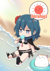 Rule 34 | 1girl, beach, belt, bikini, black belt, black bikini, black cape, black footwear, blue eyes, blue hair, byleth (female) (fire emblem), byleth (fire emblem), cape, cat, chibi, commentary request, fire emblem, fire emblem: three houses, fire emblem heroes, flower, food, hair flower, hair ornament, highres, holding, holding food, jitome, komurice, medium hair, nintendo, no navel, ocean, official alternate costume, popsicle, red flower, shoes, solo, stomach, swimsuit, thought bubble, water