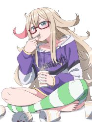 Rule 34 | 1girl, barefoot, blonde hair, blue eyes, blush, cup, curly hair, eating, english text, flipped hair, food, food on face, full body, glasses, green thighhighs, holding, holding cup, hood, hoodie, indian style, instant ramen, kay yu, long hair, long sleeves, looking at viewer, multicolored hair, nissin cup noodle, no shoes, original, paguroidea, purple hoodie, rectangular eyewear, red-framed eyewear, semi-rimless eyewear, short eyebrows, simple background, single thighhigh, sitting, solo, steam, streaked hair, striped clothes, striped thighhighs, thighhighs, under-rim eyewear, very long hair, white background