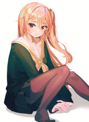 Rule 34 | 1girl, absurdres, black jacket, black pantyhose, black skirt, blonde hair, blush, brown pantyhose, cardigan, clip studio paint (medium), closed mouth, collarbone, commentary, foot out of frame, frown, green cardigan, green skirt, hair between eyes, highres, jacket, long hair, long sleeves, looking at viewer, miniskirt, munseonghwa, neckerchief, no shoes, one side up, original, pantyhose, photoshop (medium), pleated skirt, red eyes, sailor collar, school uniform, side ponytail, simple background, sitting, skirt, solo, symbol-only commentary, uniform, white background