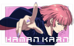 Rule 34 | 1girl, character name, dated, gundam, gundam zz, haman karn, lips, long sleeves, looking at viewer, nail polish, outstretched hand, parted lips, pink hair, purple eyes, purple nails, short hair, signature, solo, upper body, werkbau