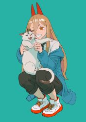 Rule 34 | 1girl, animal, black pants, blonde hair, blue jacket, cat, chainsaw man, demon horns, high tops, highres, holding, holding animal, holding cat, horns, jacket, long hair, meowy (chainsaw man), off-shoulder jacket, off shoulder, one eye closed, orange eyes, pants, power (chainsaw man), shoes, smile, sneakers, squatting, urasato