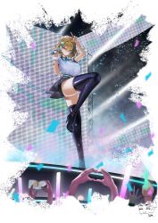 1girl 3others absurdres anis_(nikke) audience boots concert danny_marx glowstick goddess_of_victory:_nikke highres holding holding_microphone idol idol_clothes medium_hair microphone multiple_others official_alternate_costume stage stage_lights thigh_boots